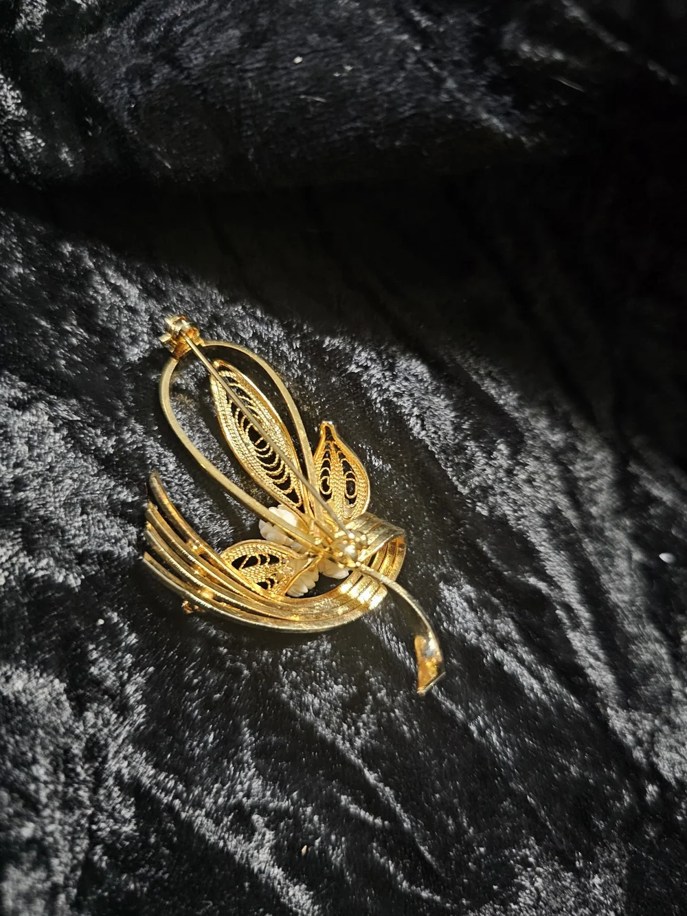 Gold Floral Ribbon Brooch with Cream Flower Accents signed